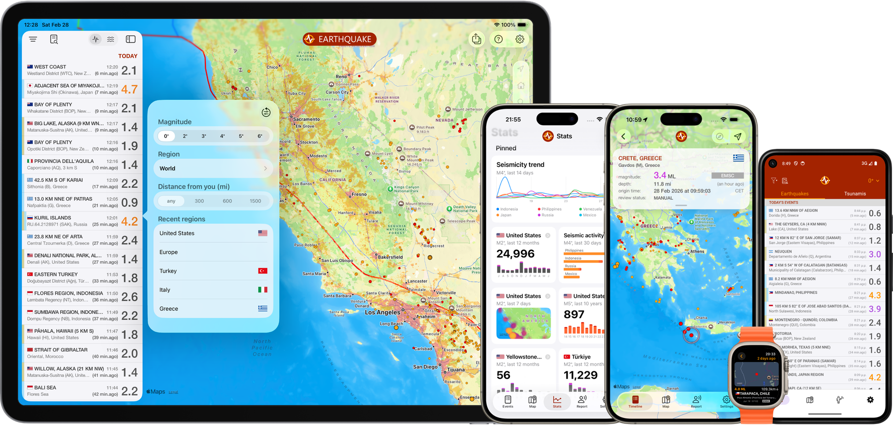 The Earthquake app on iPad, iPhone, Apple Watch and Android